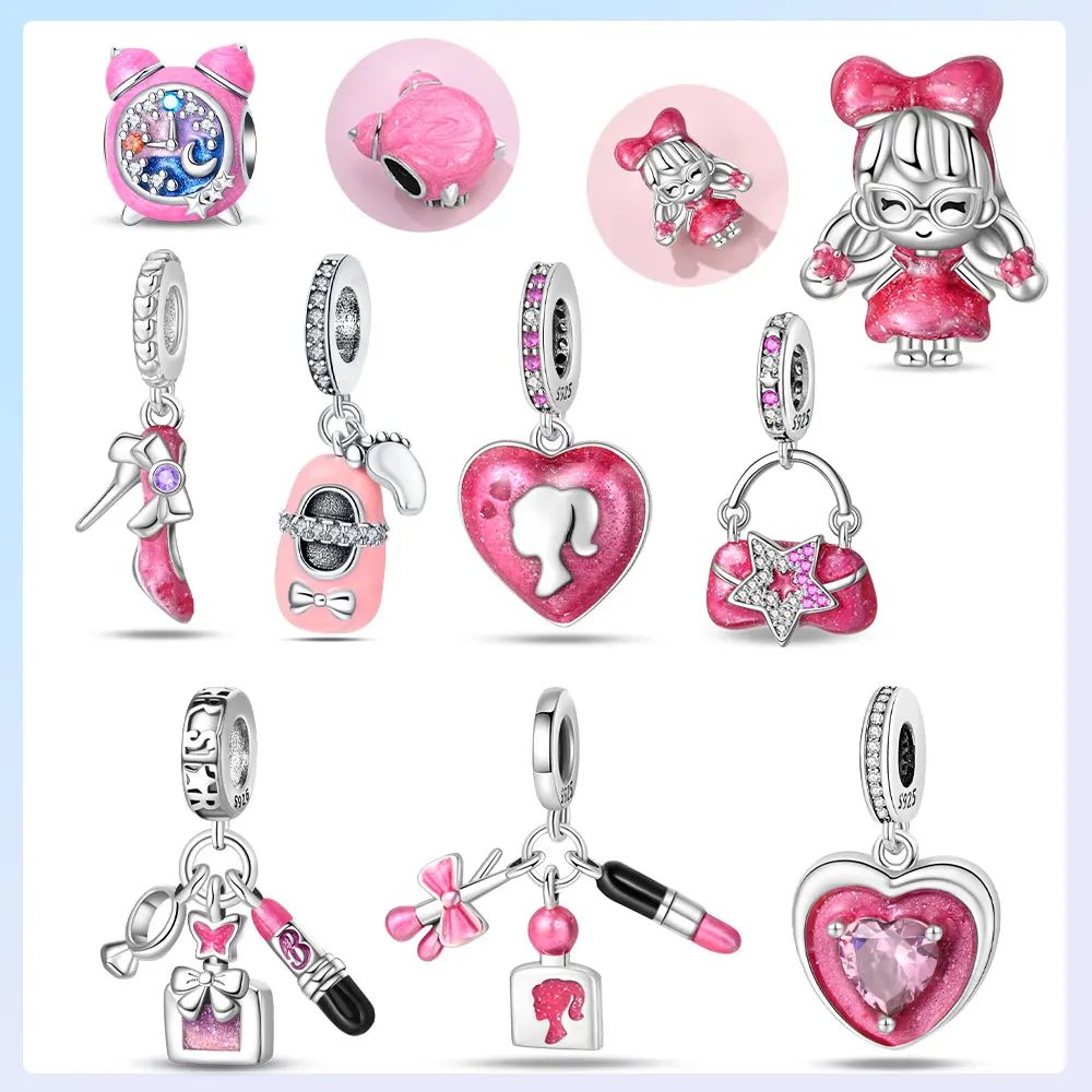 925 Silver Plated Cute Pink Girl's Heart Pentacle Bag Alarm Clock Charms Beads Fit Bracelet Women Diy Romantic Gift Jewelry