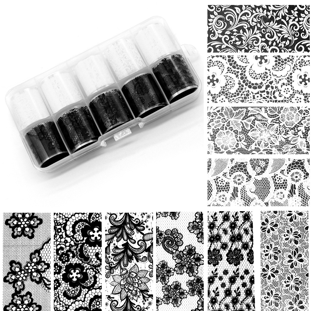 10 Rolls 2.5*50cm New Black White Lace Transfer Foil Nail Art Full Wraps Flower Glue Adhesive DIY Manicure Styling Tools
