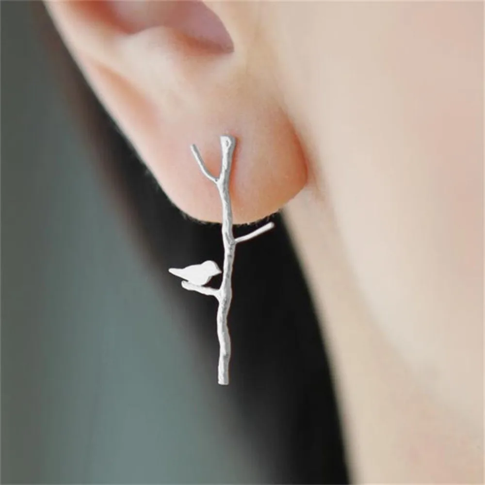Unique Romantic Branch Bird Metal Ear Post Stud Earrings for Girls Gold Silver Color Zinc Alloy Women Earring Jewelry