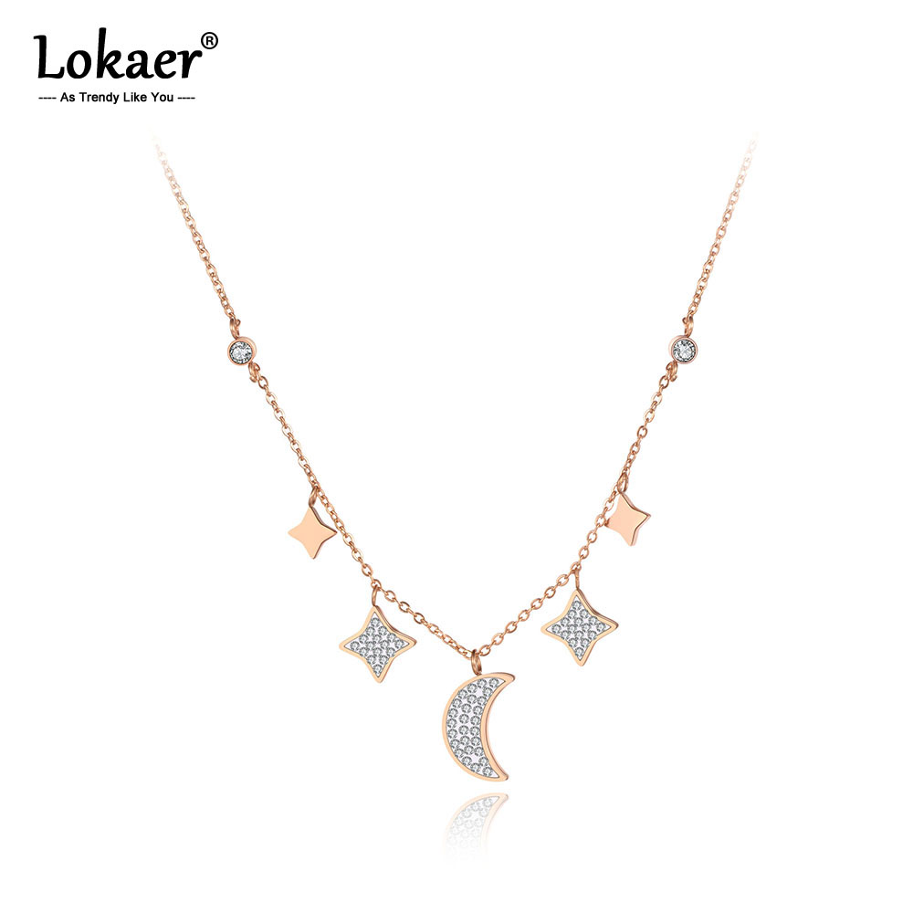 Lokaer Titanium Stainless Steel CZ Crystal Star Moon Charm Pendant Necklace Jewelry Trendy Choker Necklace For Women Girl N19116 pen gpt