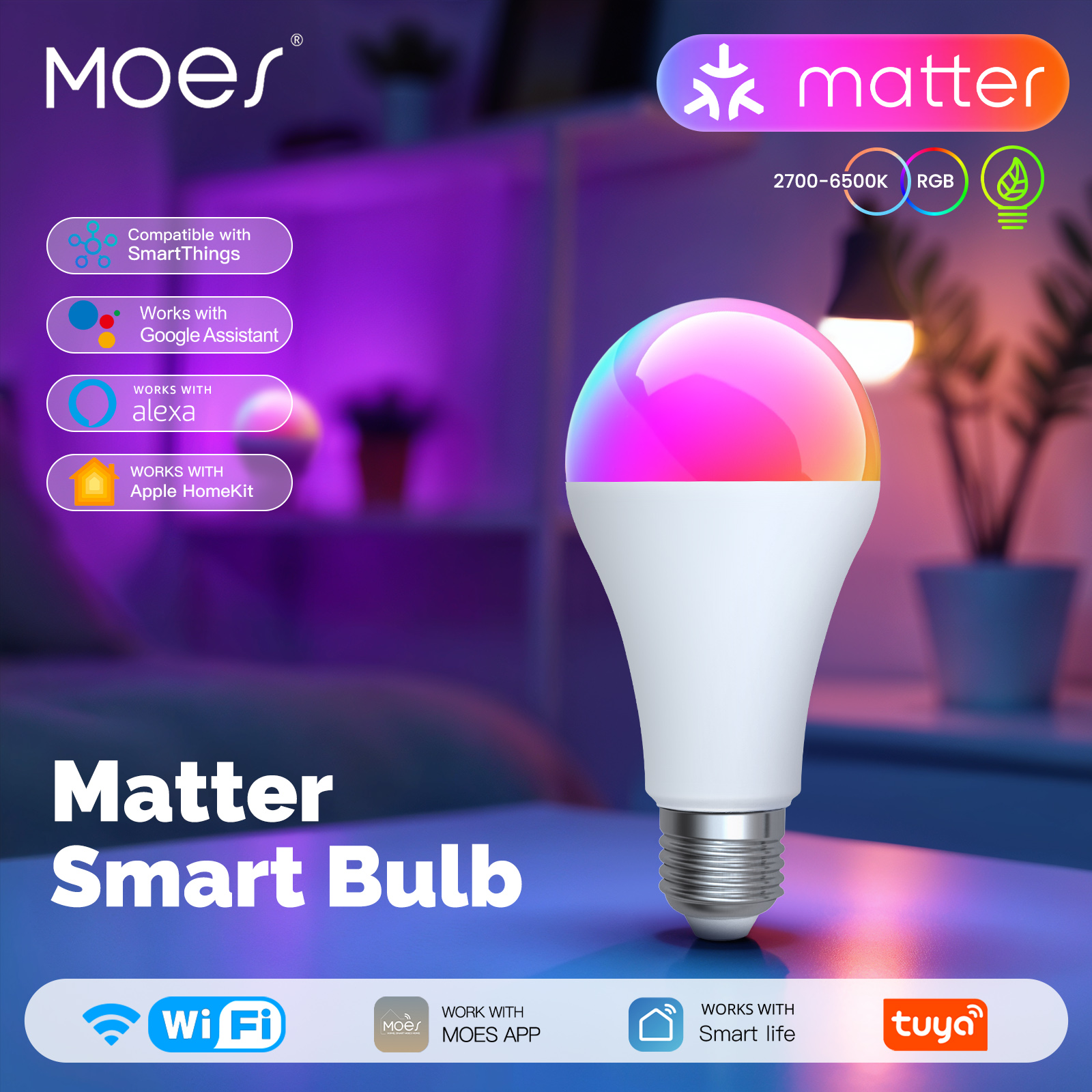 MOES Tuya MATTER WIFI Smart LED Bulb Dimmable 14W RGB C+W E27 Color Shifting 2700K-6500K Smart App Control with Alexa