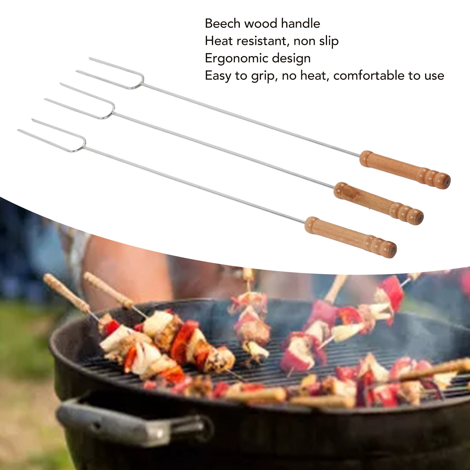 Hot Dog Fork Lightweight Reusable Heat Resistant Roasting Stick Stainless Steel with Beech Wood Handle for Outdoor