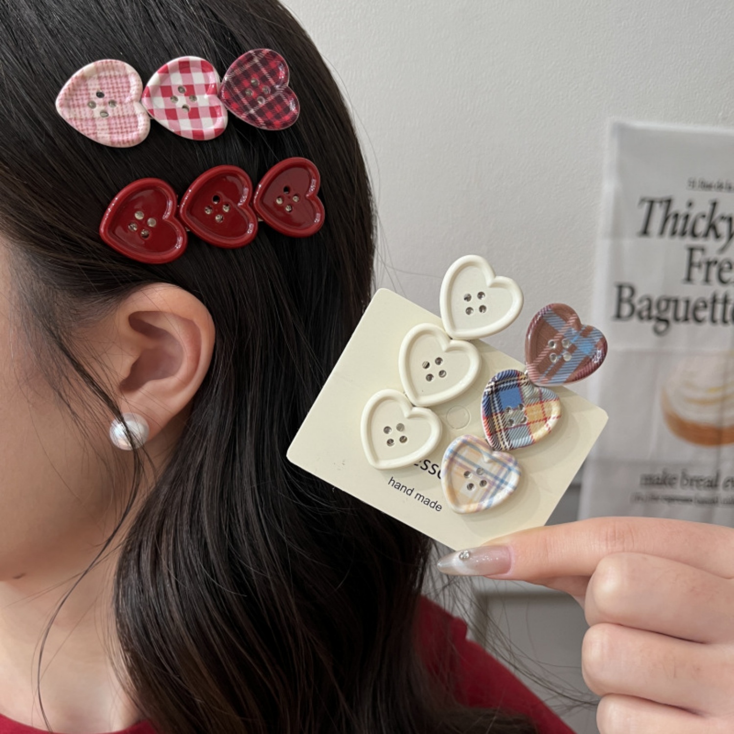 Sweet Check Love Button Hair Clip Side Bangs Girly Cute Duckbill Clip Hair Accessories