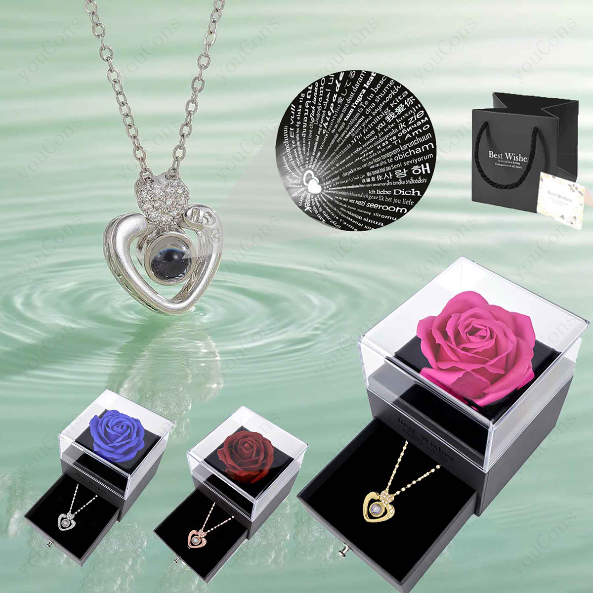 Luxury 100 Languages Projection Pendant Necklaces With Rose Box For Women Girlfriend Wife Valentine Jewelry