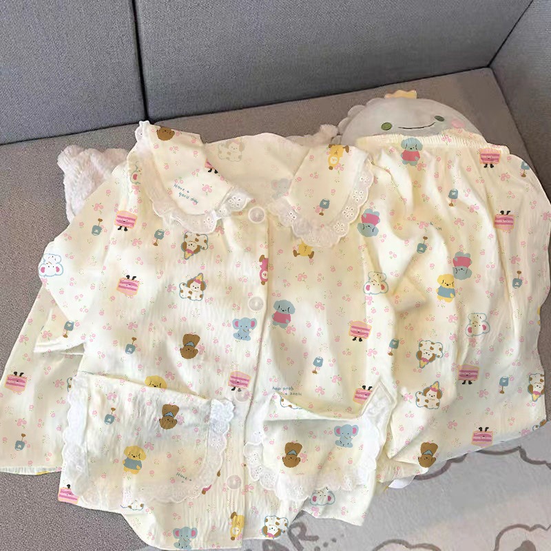 Y2K Korean Cute Striped Dog Print Pajamas Set Lapel Neck Lace Spring New Sleepwear Casual Kawaii Homewear Loungewear for Women