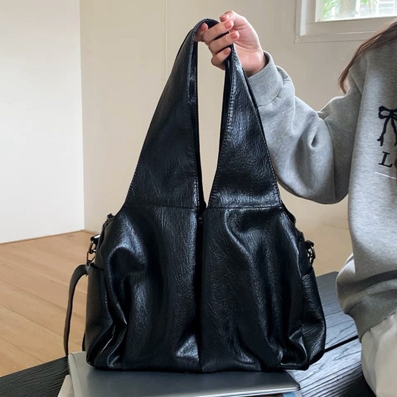 American Vintage Oil Wax Leather Large Capacity Tote Bag Lady Luxury Black Versatile Shoulder Bags Female Commute Crossbody Bag