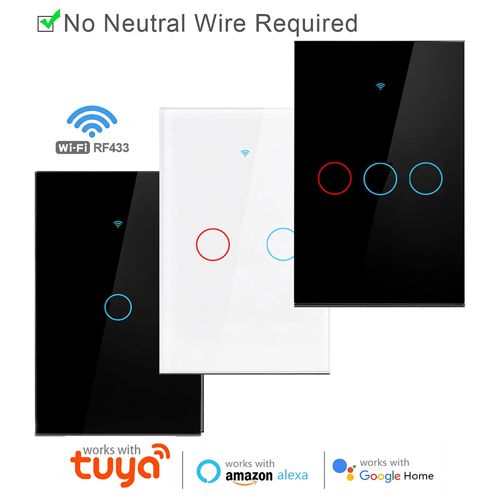 Tuya WiFi Smart Home Light Switch RF433 Neutral Wire/No Neutral Wire Required US Wall Touch Switches Support Alexa Home lightify