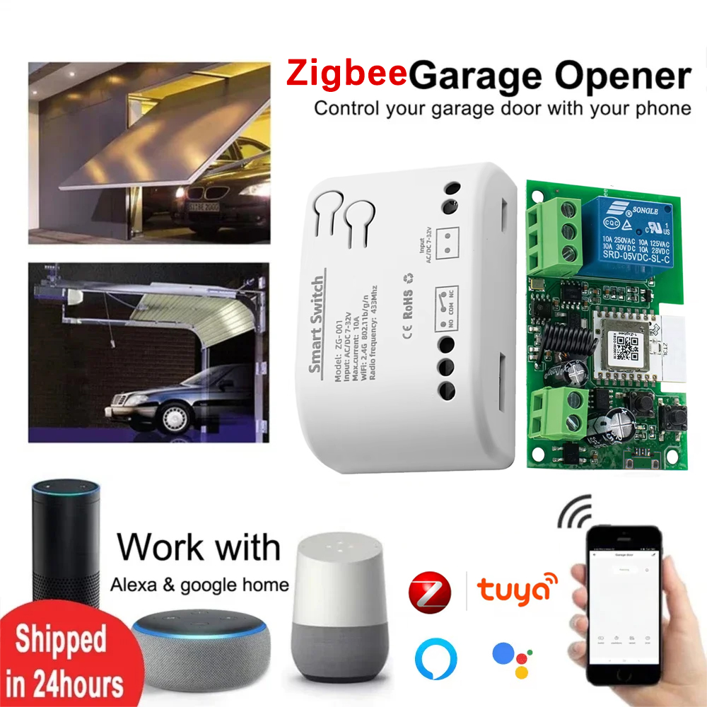 Zigbee Tuya Smart Garage Door Opener Switch Sliding Gate RF Controller 7-32V 220V Remote Control Relay Interlock Self-Locking