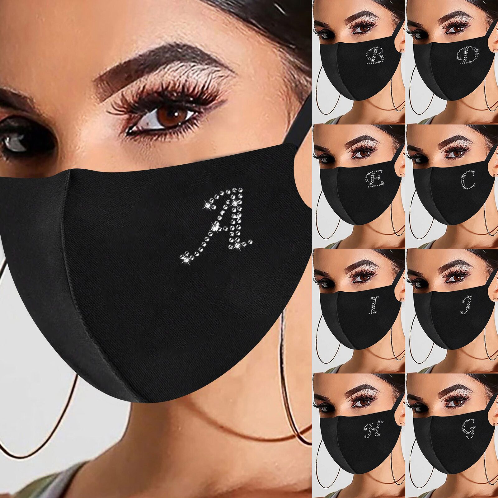 Rhinestone Letter Ice Silk Cotton Mask Black Resuable Washable Soft and Comfortable Mask Outdoor Cycling Mask