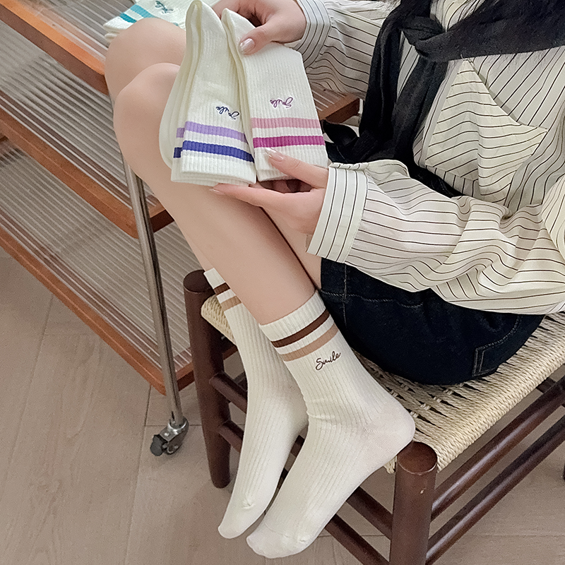 Socks For Women New Spring Summer Girls Sports Mesh Socks Breathable Absorb Sweat White Simple Embroidery Striped Socks Female