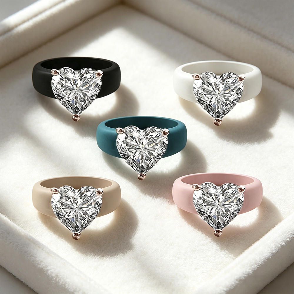 1pc Rose Gold Three Claw Heart-Shaped Cubic Zirconia Ring, with Multiple Colors of Silicone Ring Holders to Choose From, Suitabl