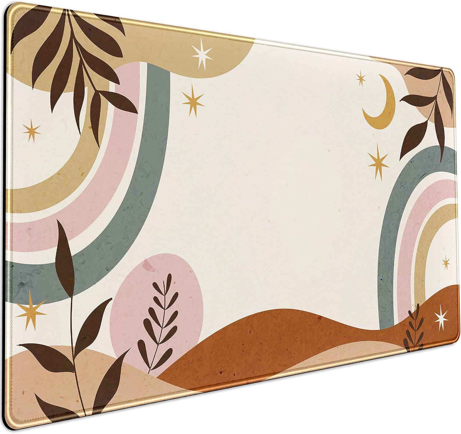 Abstract Retro Boho Desk Mat - Stars & Moon XXL Mouse Pad in Brown Grey, Aesthetic Plant-Themed Mat for Women’s Office & Gaming