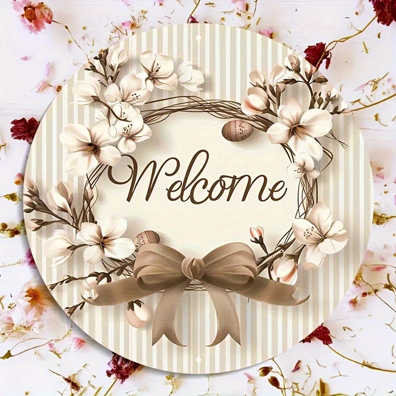 1pc Rustic Wooden Welcome Sign, 7.87 inches/20cm Round, Elegant Font, Indoor & Outdoor Wreath Decorative Plaque for Door & Wall