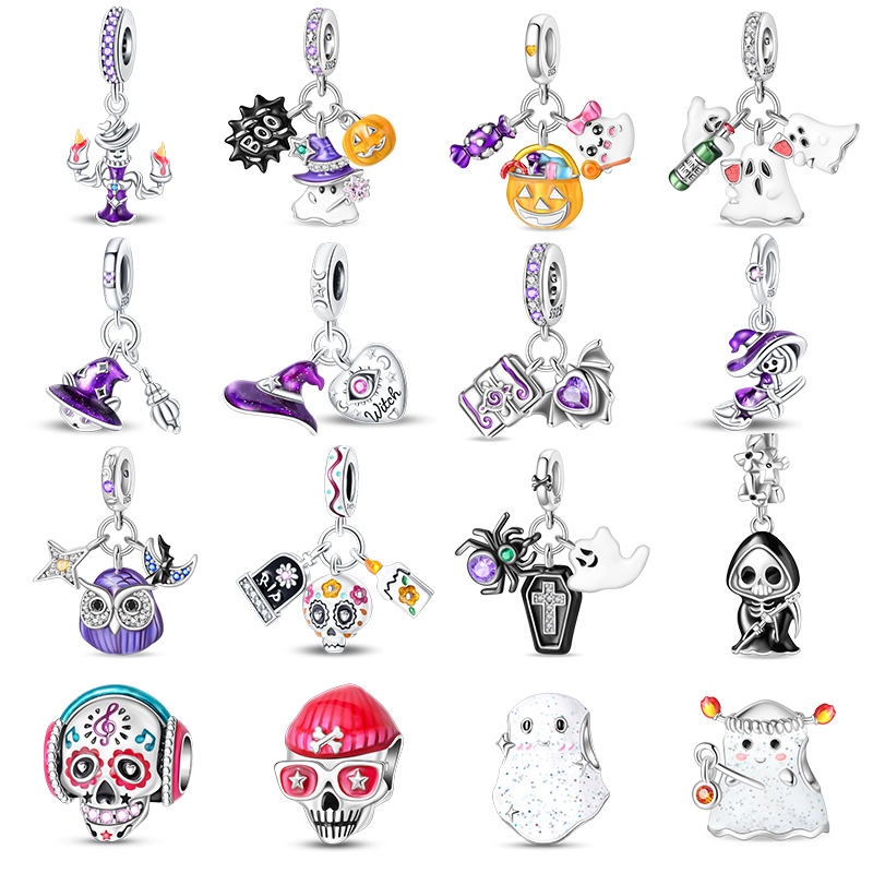 Halloween 100% 925 Silver Luminous Skull Cute Ghost Pumpkin Charms Beads Fit 3mm DIY Party Exquisite Jewelry Making Gifts