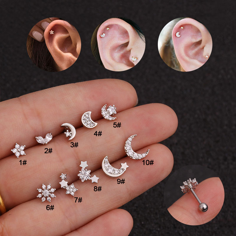 1 PC Exquisite Small Flower Moon Star CZ Tragus Daith Helix Rook Piercing Earrings Jewelry Helix Cartilage Studs Rook Piercing