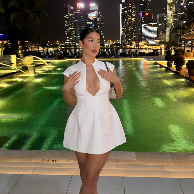 Oshfall 2024 new summer fashion solid color deep V short slim fit women's dress