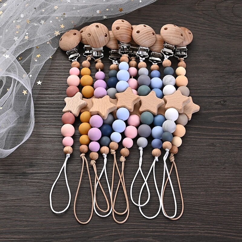 New Baby Pacifier Chain Clips Wood Pentagram Teether Silicone Round Beads Teething Chain For Care Soother Chew Toys Shower Gift pen gpt