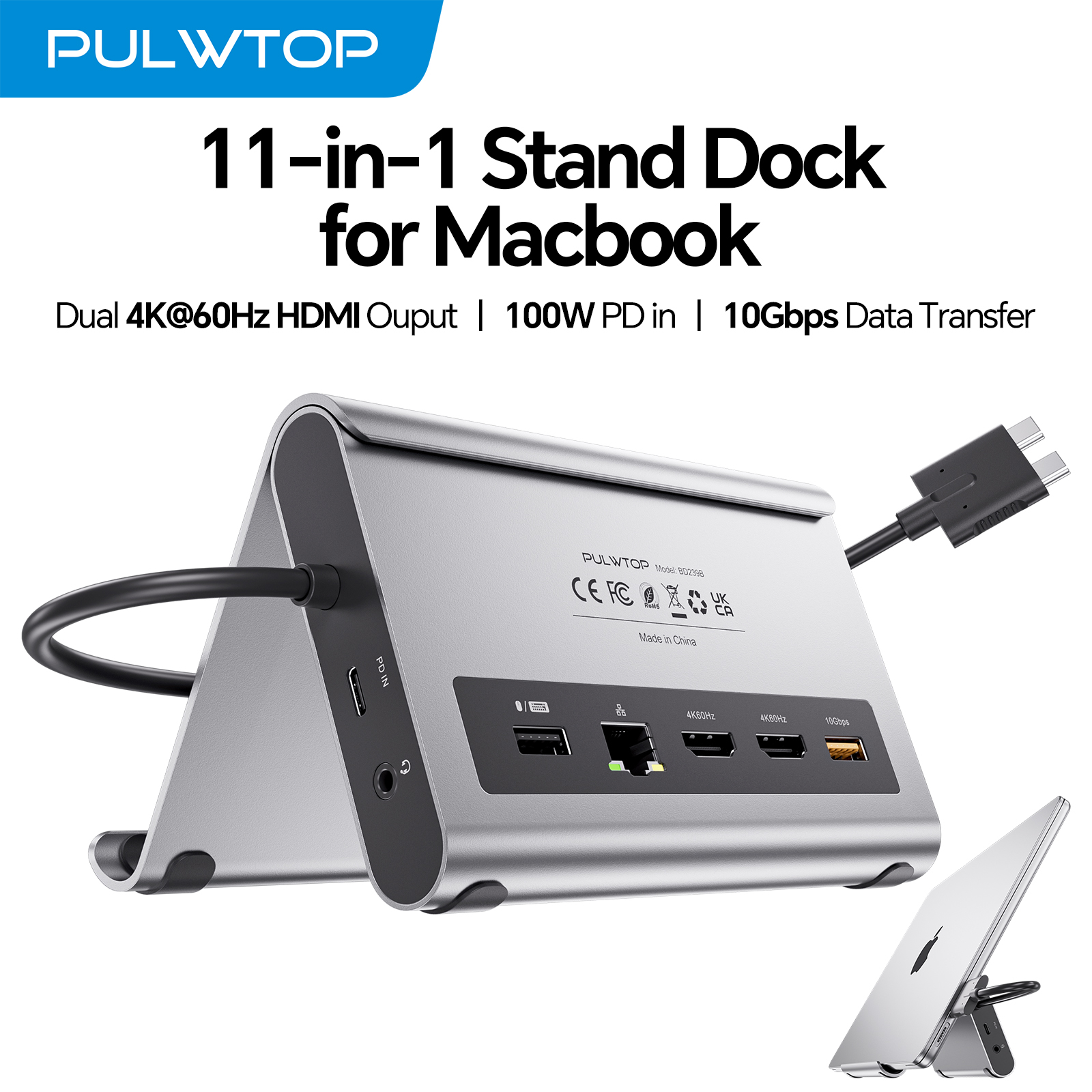 PULWTOP Docking Station Dual Monitor for MacBook Pro/Air M3/M4/M5, with 2 HDMI, PD, Ethernet, USB A/C 10Gbps, Audio, SD/TF