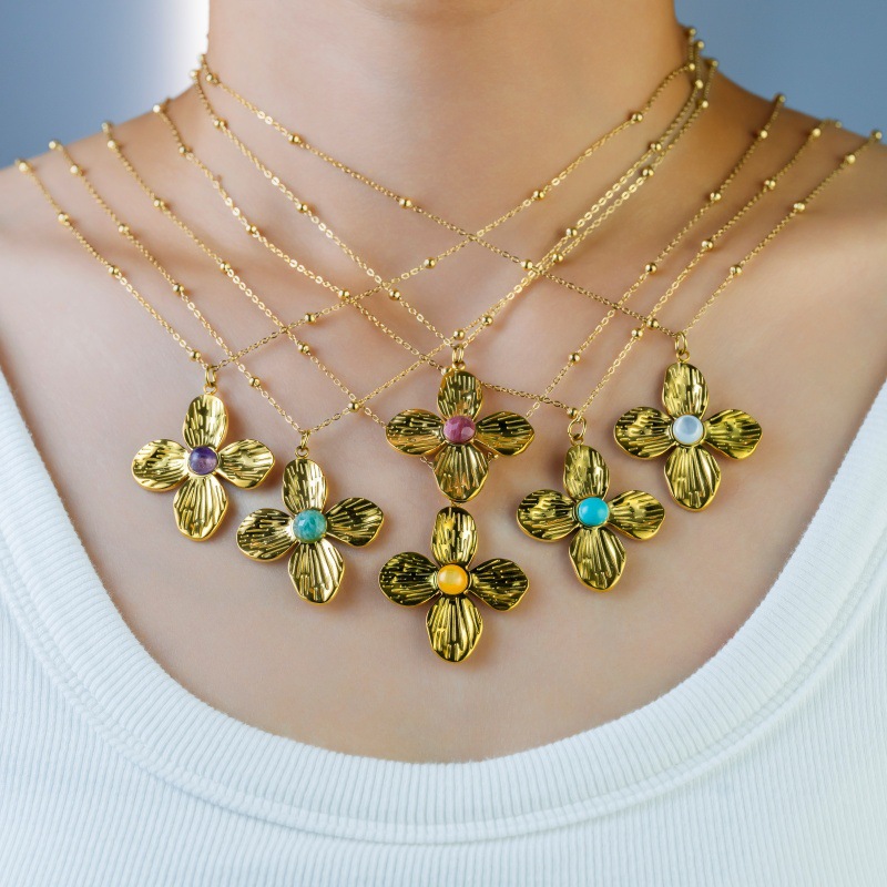 1pc 18K Golden Plated Stainless Steel Flower Shape White Tiger Eye Amethyst Stone Pendant Necklace Fashion Collar Jewelry