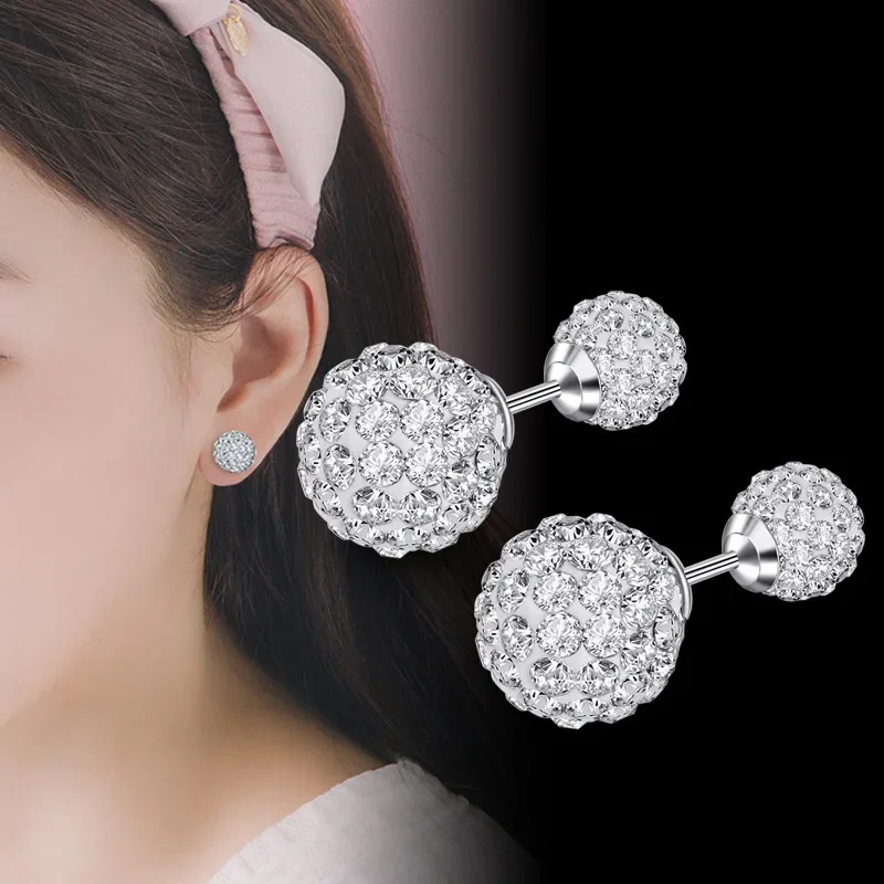 New Original 925 Sterling Silver lovely Full Rhinestone crystal Princess Ball Earrings Stud for women lady wedding party Fashion