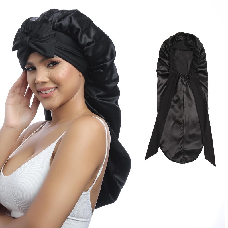 1Pcs Soft Silky Long Satin Bonnet Natural And Curly Extra Large Size Hair Cap With Tie For Comfortable Night Sleep