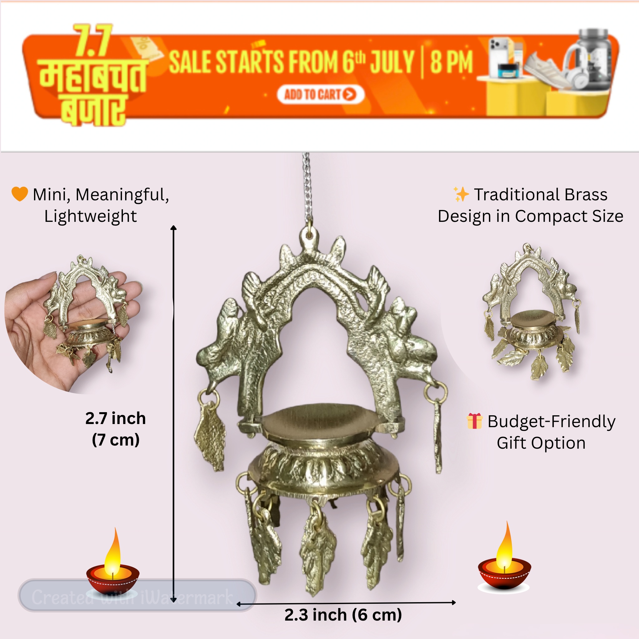 Brass Dalucha - Jhundyaune Panas - Khadalu - Small Decorative Pendant - with Hanging Chain 7 cm
