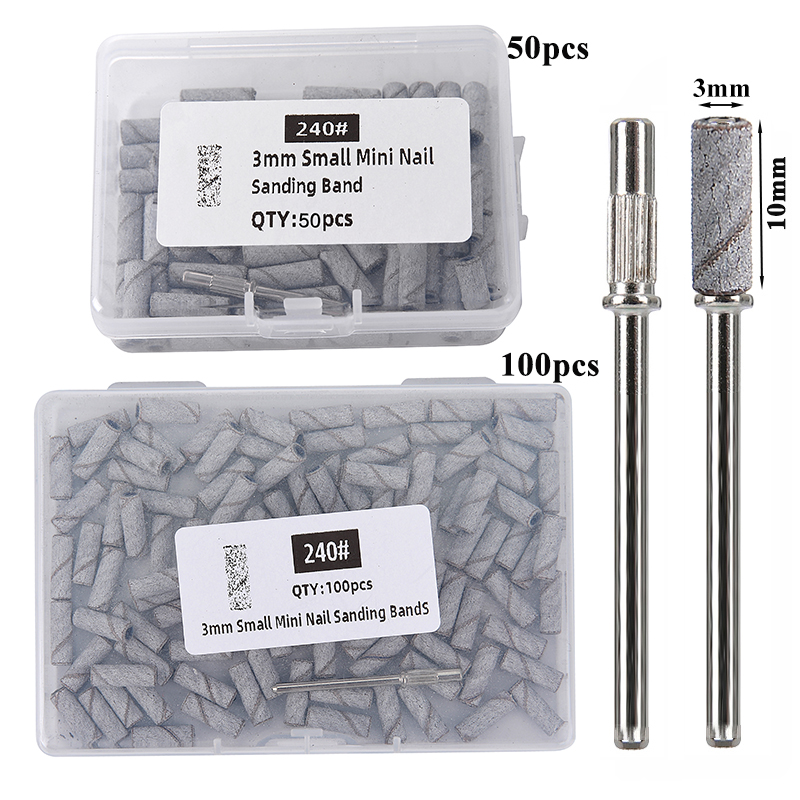 100/50Pcs 3MM Mini Nail Sanding Bands With 1PC Shaft Set 3/32" Nail Drill Bits SandBands For Dead Skin Calluses Nail Gel Remove