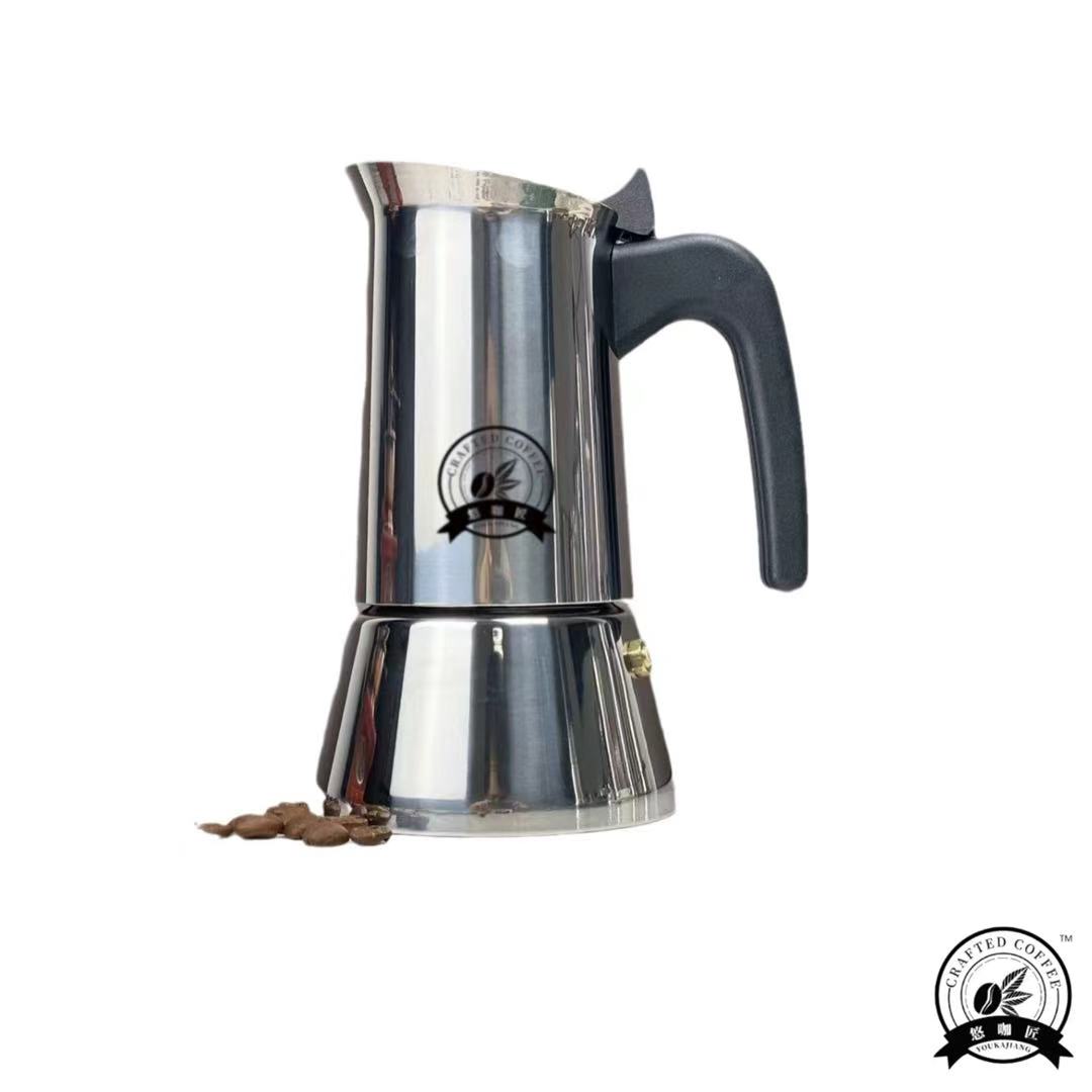 4/6 Classic Stainless Steel Moka Pot. For Home/Office/Outdoor. Works on Induction & Gas