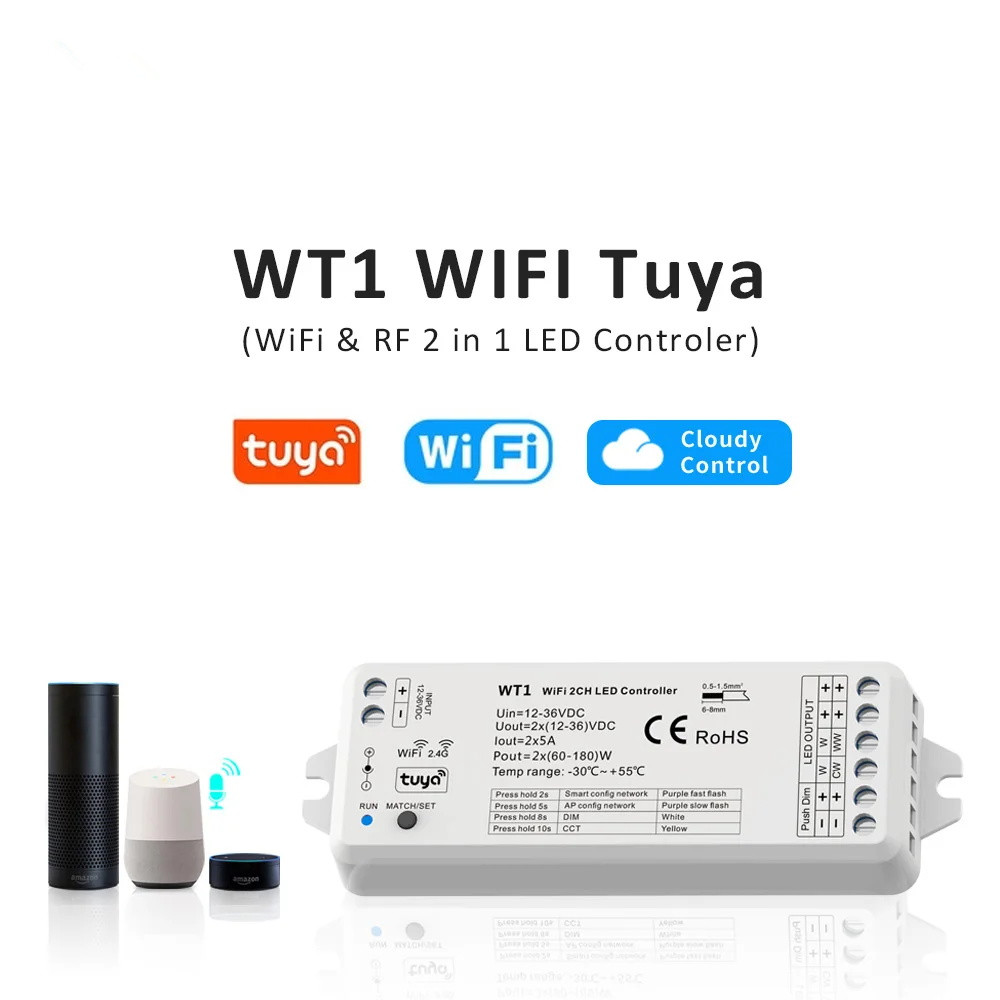 Tuya Wifi LED Controller DC 12V 24V 36V Single Color CCT Strip Light Dimmer Work with Tuya Smart Life Yandex Alice Alexa WT1