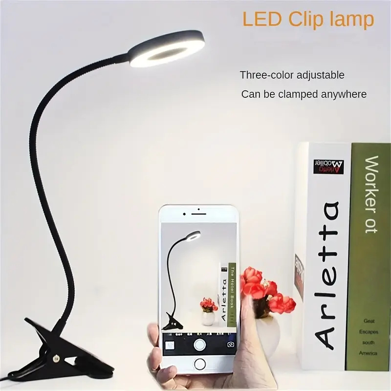 LED clip-on reading lamp, powered by USB, 3-color adjustable, desk lamp, hose adjustable, bedside lamp, brightness adjustable, s
