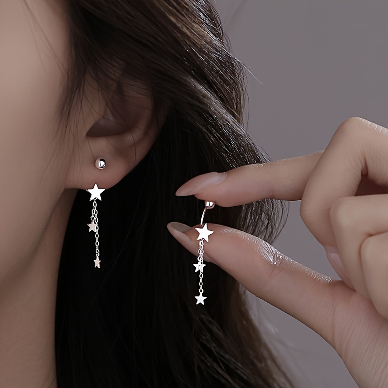 1 pair of star tassel screw earrings simple small fresh long five-pointed star chain earrings sweet super fairy girl earrings