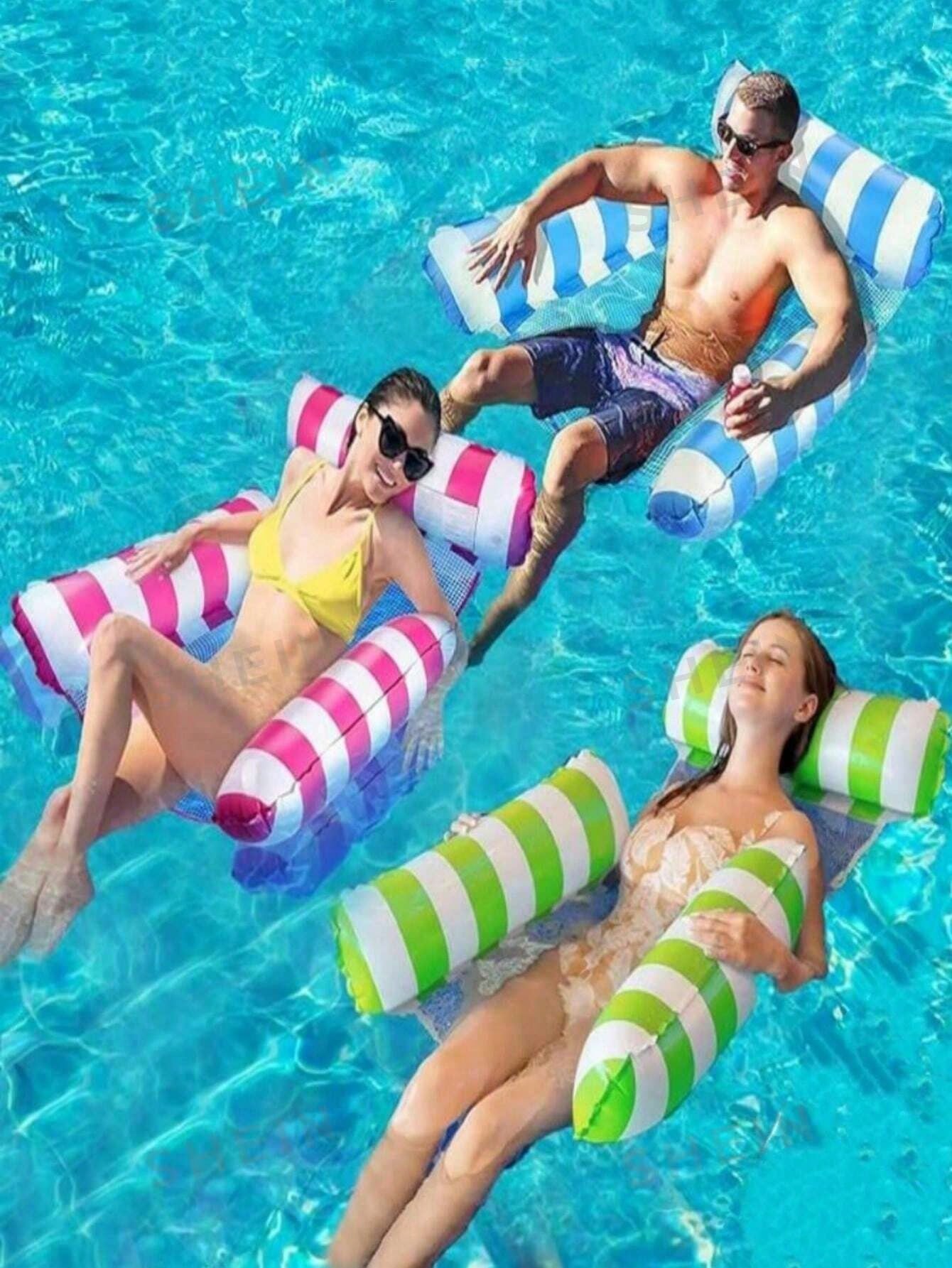 Inflatable Water Floating Mat for Adults, Foldable Backrest Recliner, Inflatable Striped Floating Bed, Single Hammock