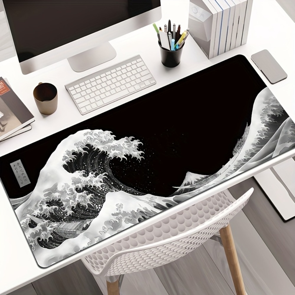 Japanese Blue and White Waves Mouse Pad, The Great Wave Off Kanagawa Theme, Large White XXL Size for Office & Gaming