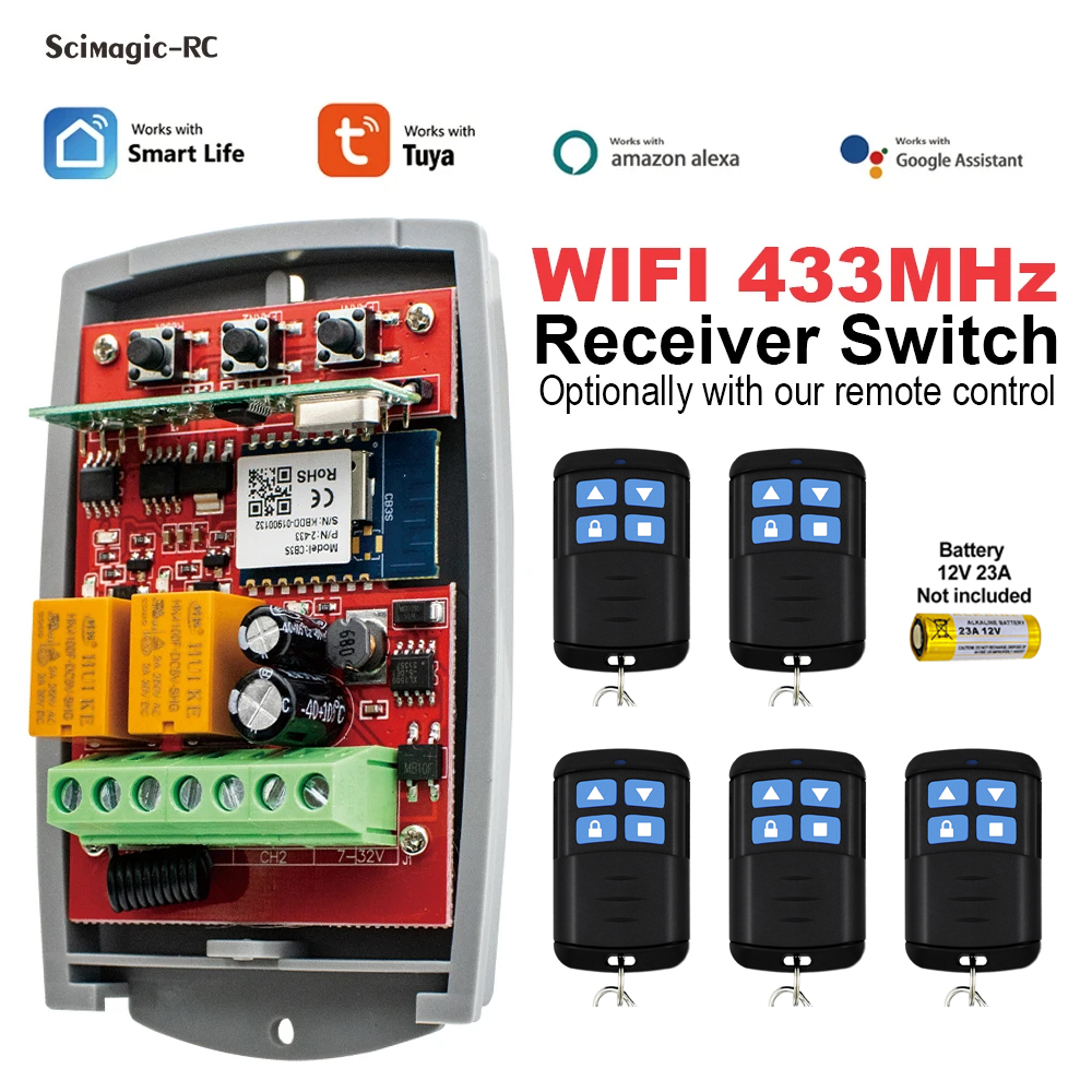 Remote Control Switch for WiFi Garage Gate Opener, Tuya Smart Wireless Rolling Code Receiver 12V 24V