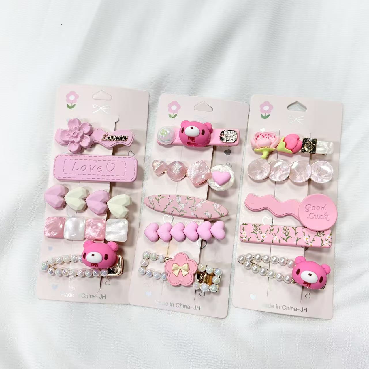 Kawaii Pink Hair Clip Sets - Bear, Floral, Bow Designs. Cute Hair Accessories for Girls.