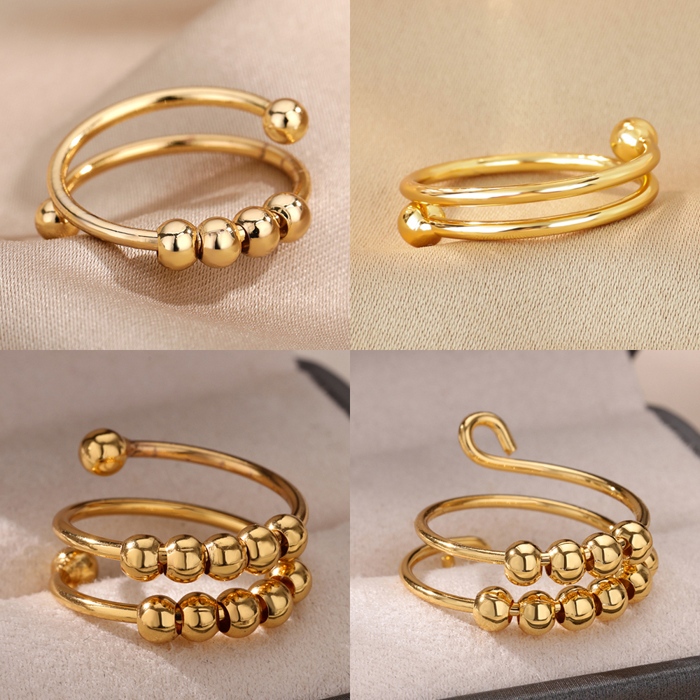 Anxiety Beads Rings for Women Gold Color Stainless Steel Open Spinner Adjustable Finger Ring Rotating Freely Anti Stress Jewelry pen gpt