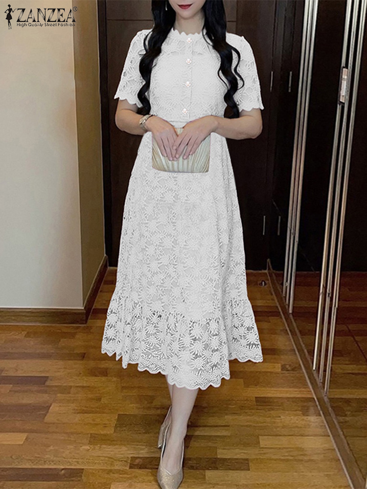 ZANZEA 2025 Women Sundress Fashion Solid Color Lace Dress Short Sleeve Casual Loose O Neck Vestidos Elegant A-Line Robe Femme