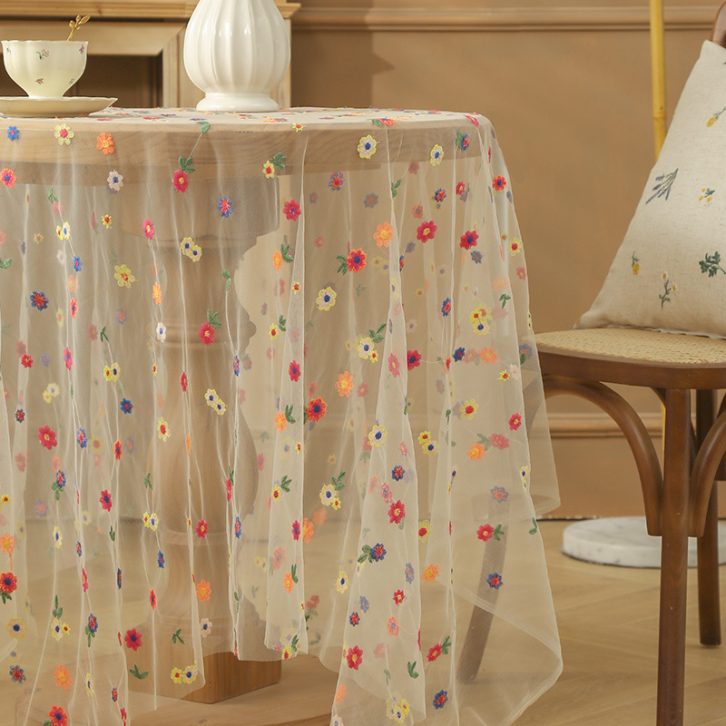New Style Colorful Embroidered Flower Tablecloth Mesh Lace Fabric Soft Tulle Fabric for Wedding Dining Dresser Table Decor