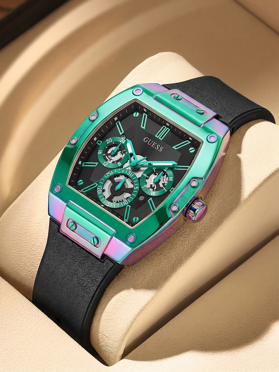 GUESS Original Luxury Gradient Watches for Men Tonneau Multifunction Quartz Chronograph Black Strap Colorful Fashion Spor
