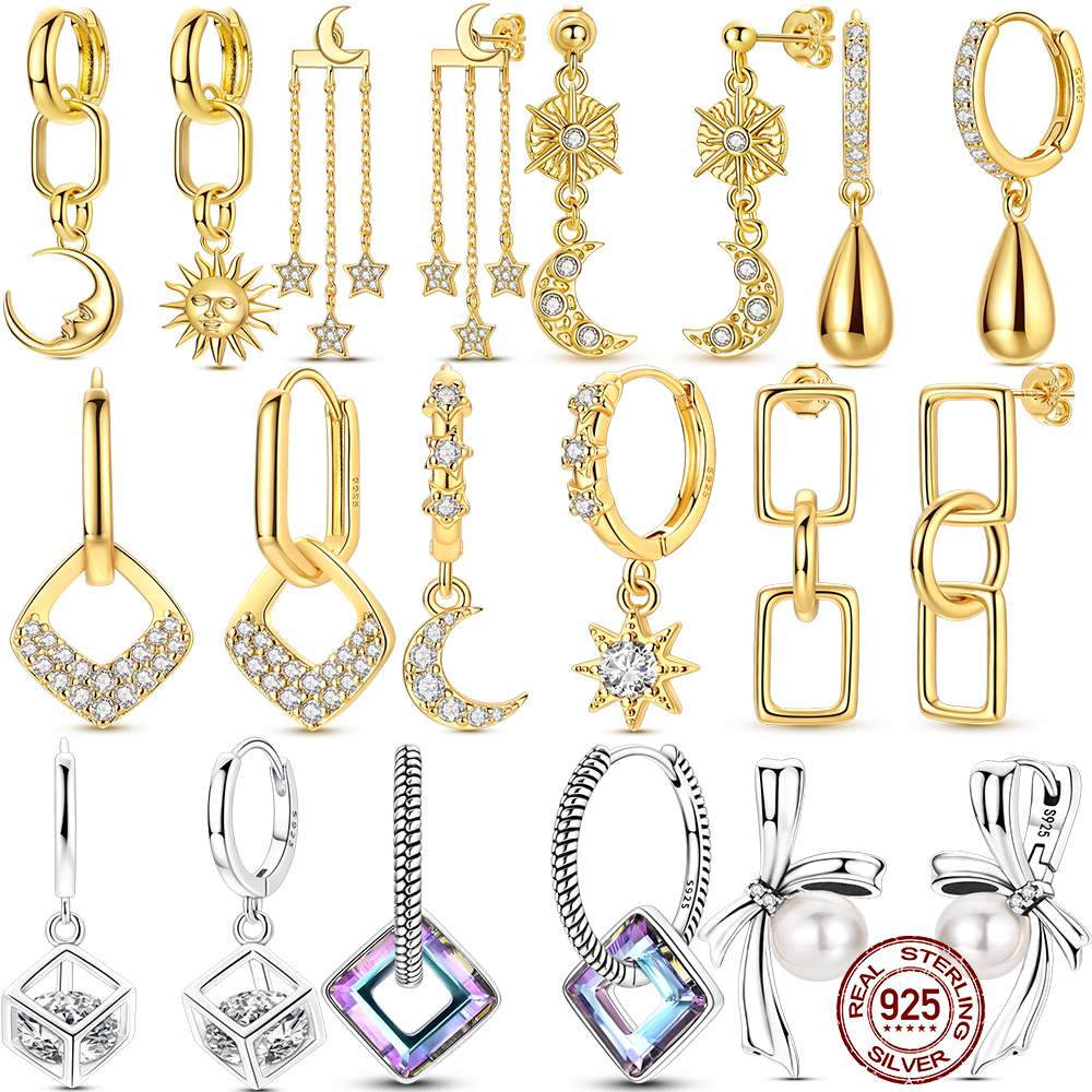 New IN Gold Color Silver 925 Earring For Woman Sun Moon Zircon Hoop Earring Original Jewelry