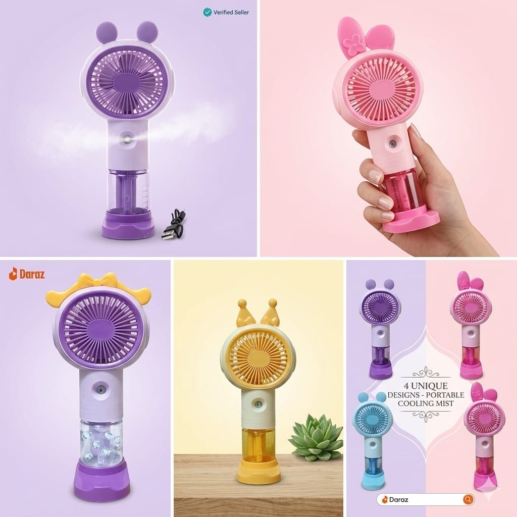 Portable Mini Mist Spray Fan - USB Rechargeable Handheld Water Misting Fan with Cartoon Design, 3-Speed Cooling for Kids & Adults, Desk & Travel Fan (Purple / Pink / Yellow)