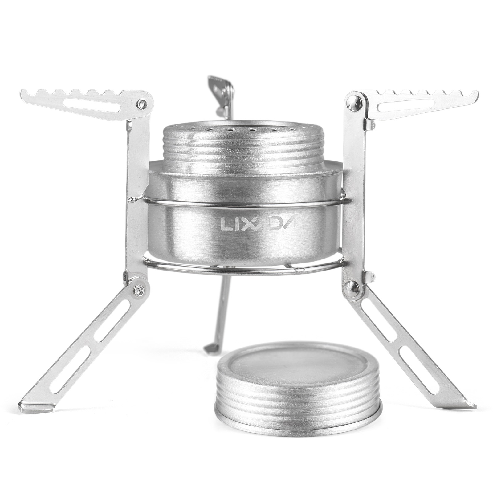 Mini Backpacking Stove with 100ml Aluminum Burner and Stainless Steel Folding Stand for Camping Hiking Survival Training