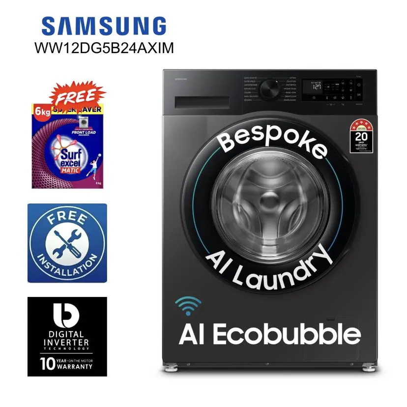 SAMSUNG 12 Kg WW12DG6B24ABIM Digital Inverter Washing Machine With AI Control WiFi Embedded & Smart Thing Connectivity