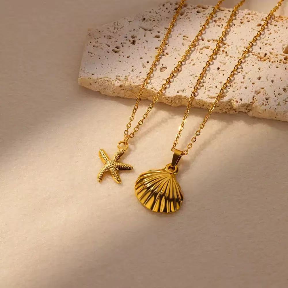 2PCS Retro Sea Star Shell J Gold Necklace Women's Pendant Shell Necklace Aesthetics Summer Jewelry Gift
