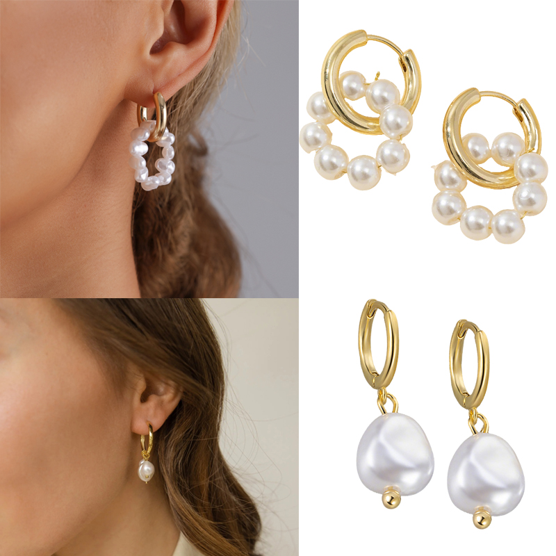 EVISPOL New Fashion Irregular Pearl Huggie Hoop Earrings for Women Trendy Pearl Pendant Hoop Cartilage Helix Piercing Jewelry
