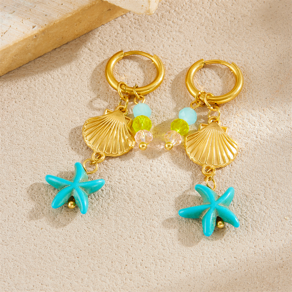 316 Stainless Steel Golden Scallop Blue Starfish Pendant Earrings Women New Fashion Ear Studs Vacation Jewelry