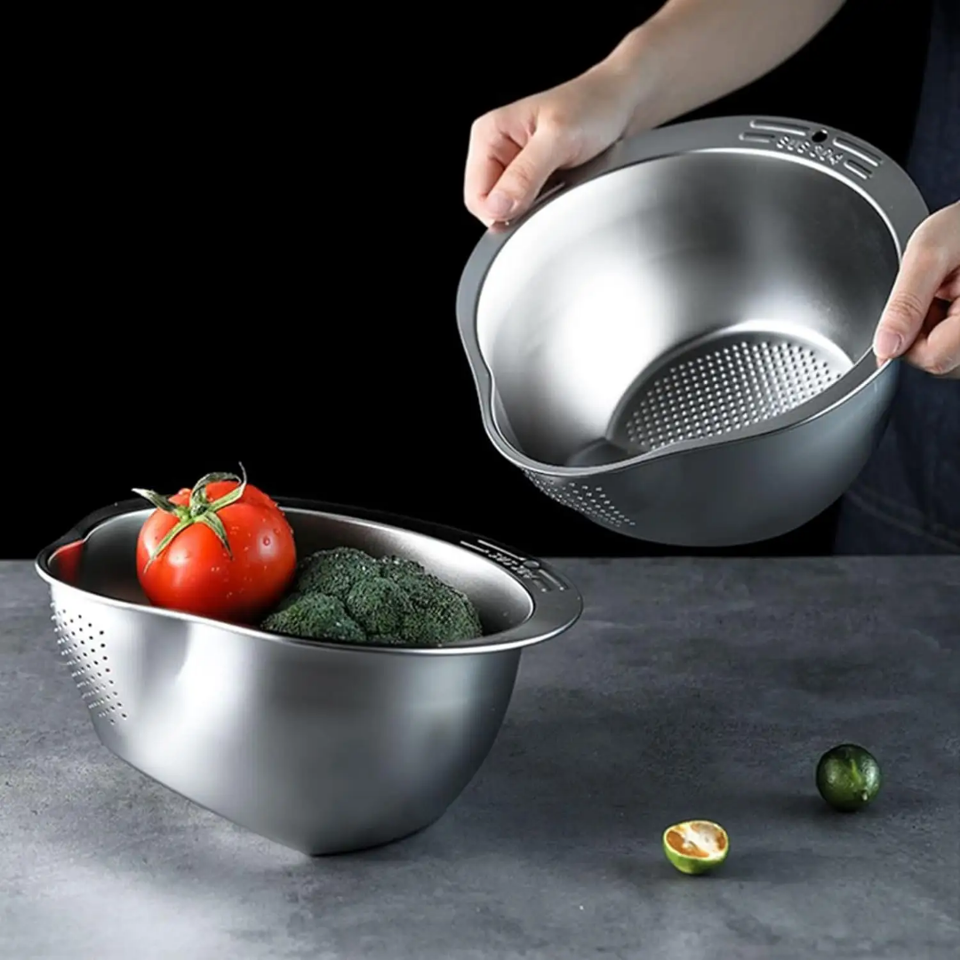 Stainless Steel Rice Washing Basin Inclined Bottom Bowl Rice Sieve Colander Fruit and Vegetable Strainer Kitchen Cleaning Tools