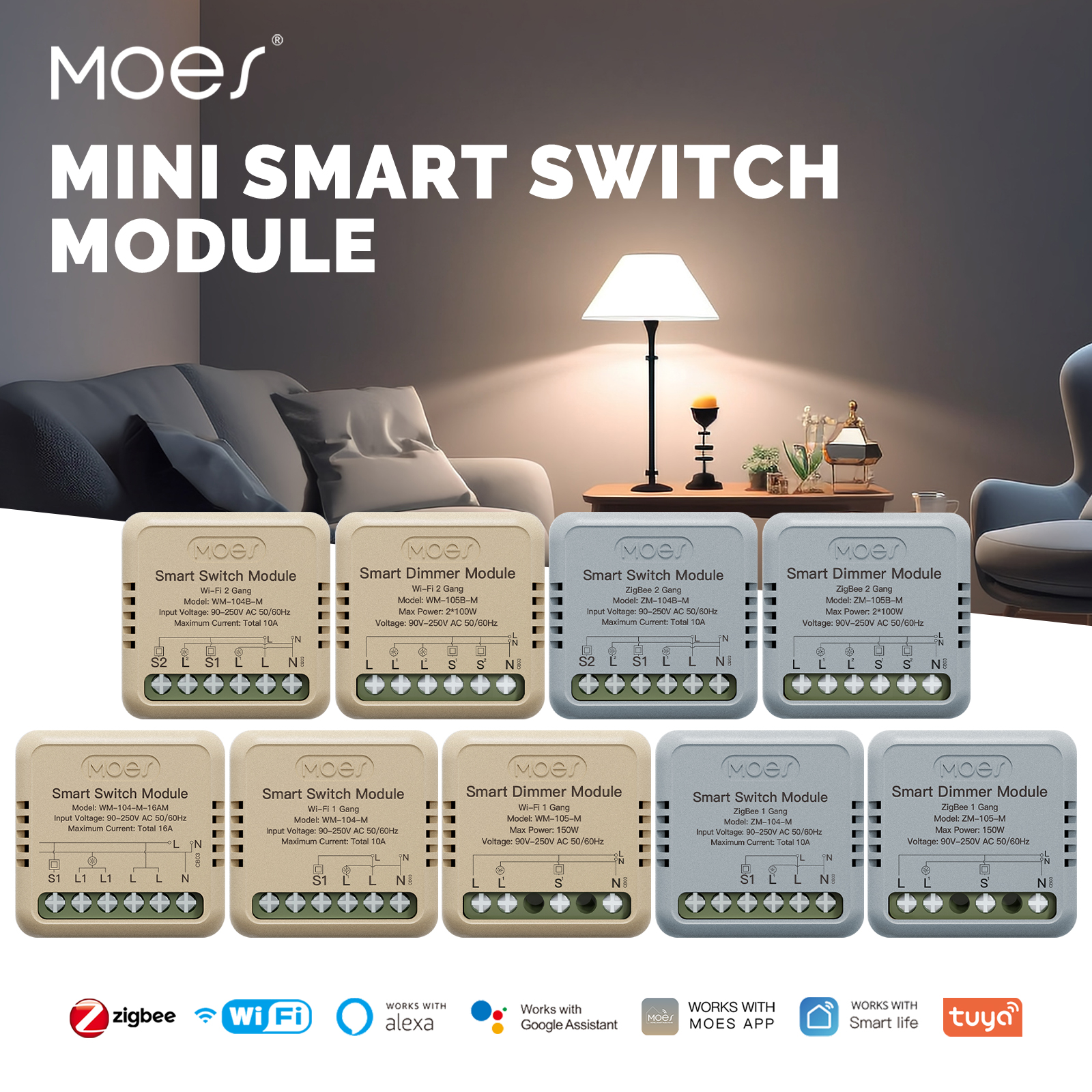 MOES Tuya Mini Smart Switch DIY Module WiFi Zigbee Light Switch 1/2 Gang APP Remote Control Work With Alexa Home
