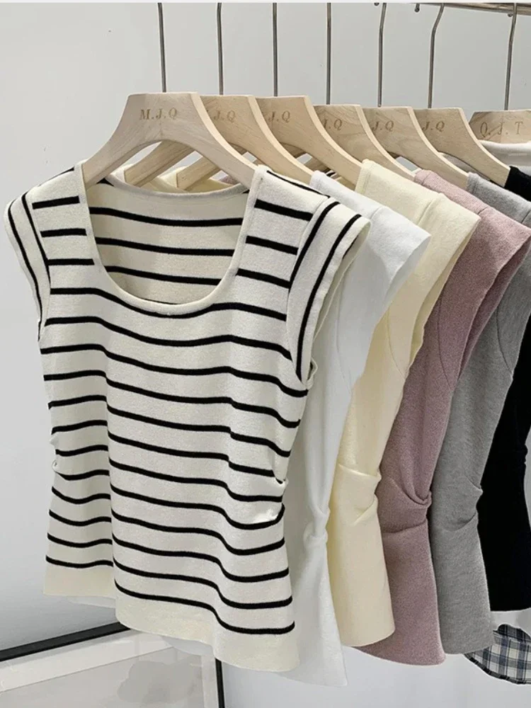 2026 Summer Spring Striped Tank Tops Women Sleeveless Knitted T-Shirts Crop Tops Female Elastic Slim Casual Vests Pullover Camis