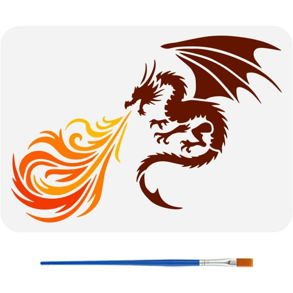 Dragon Flaming Painting Stencil with 1Pc Plastic Paint Brush 8.3x11.7inch Dragon Stencil for Painting on Wall Wood Furniture DIY